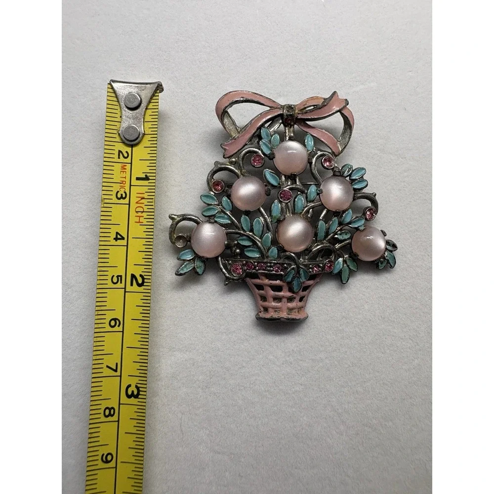 Vintage Pink Faux Moonstone With Rhinestone Enamel‎ Flowers Brooch